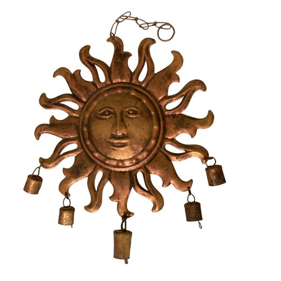 Celestial Sun Face Wind Chime Bells Chippy Rusty Copper Painted - Picture 1 of 3